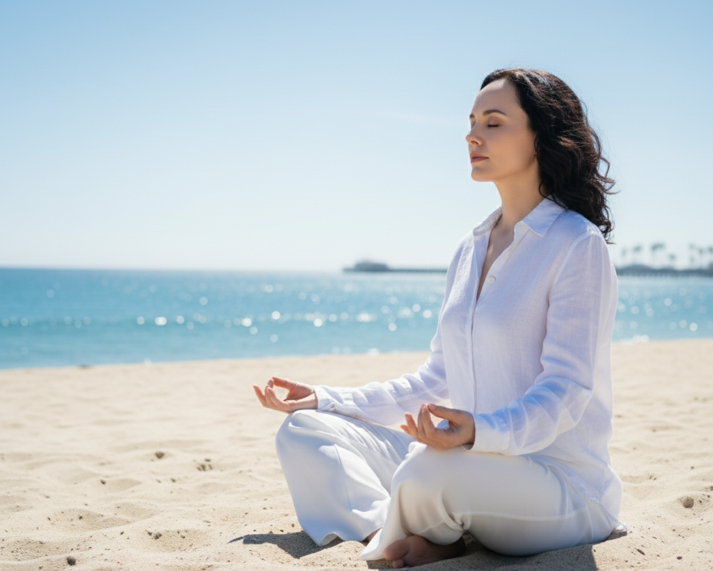 Woman meditating on a sandy beach with clear blue sky and ocean.