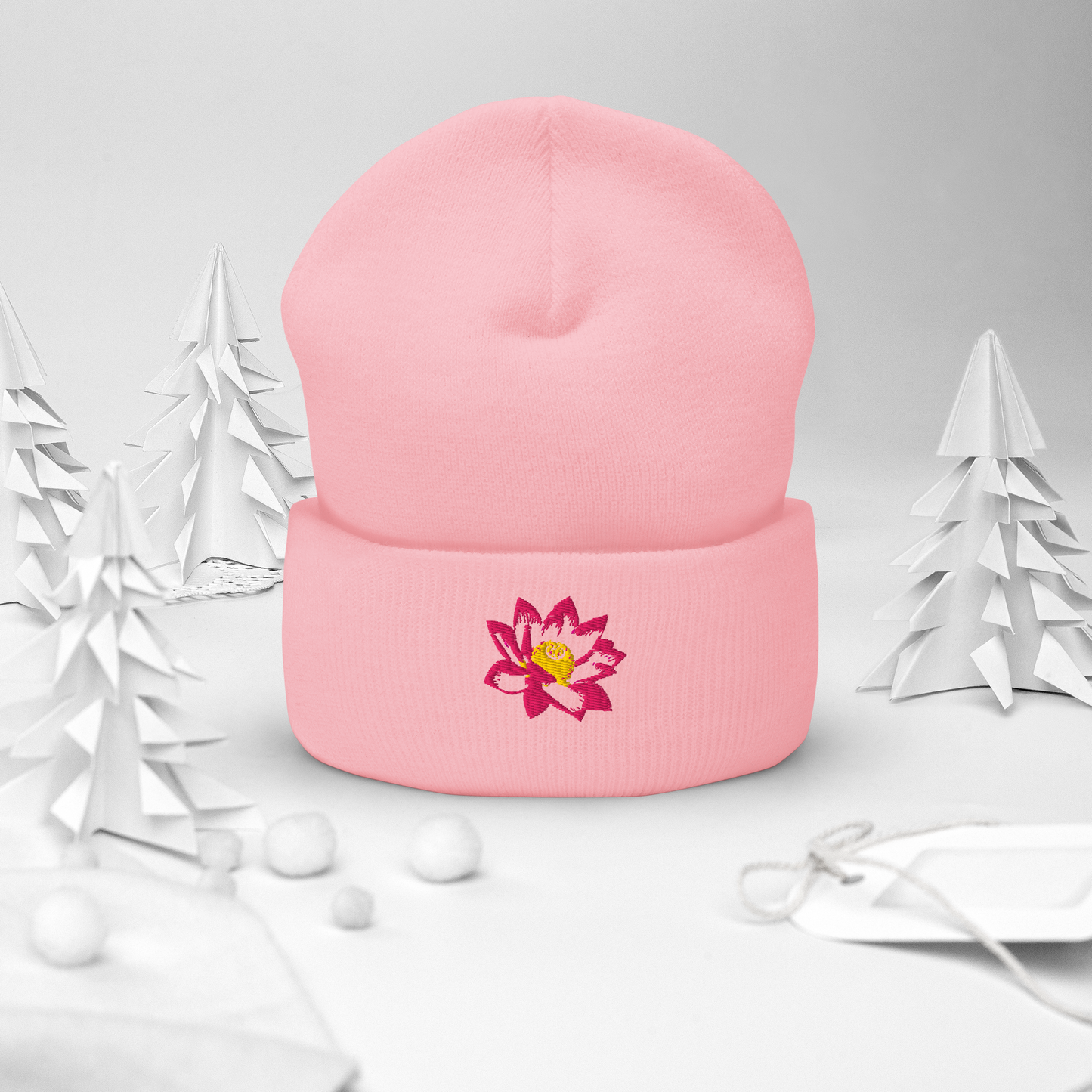 Lotus Embroidered Cuffed Beanie