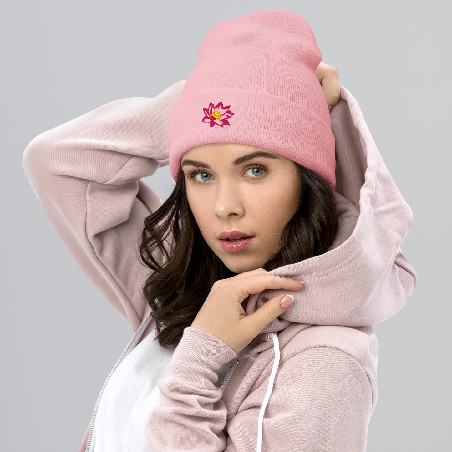 Lotus Embroidered Cuffed Beanie