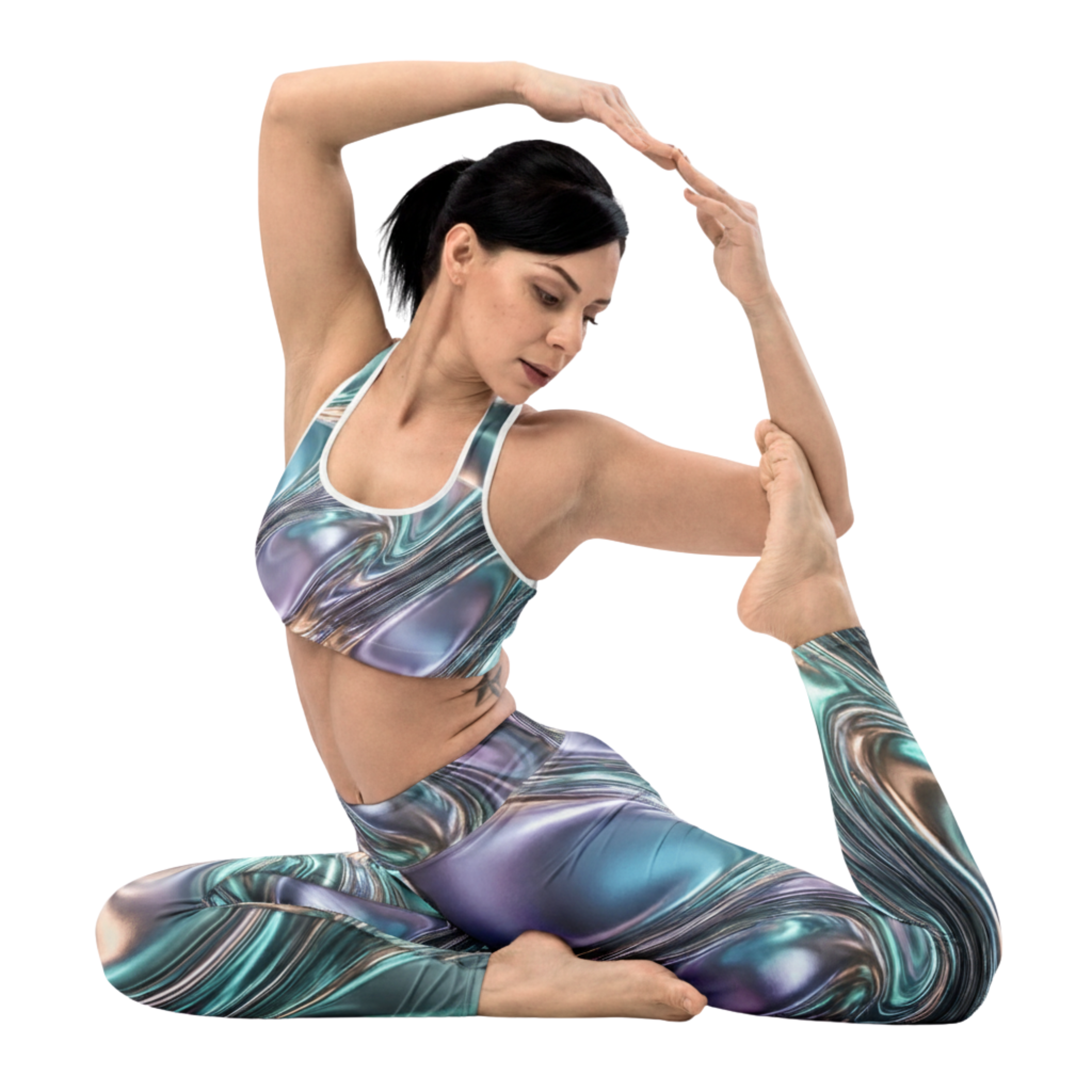 Woman in a yoga pose wearing a colorful marble-patterned outfit on a white background